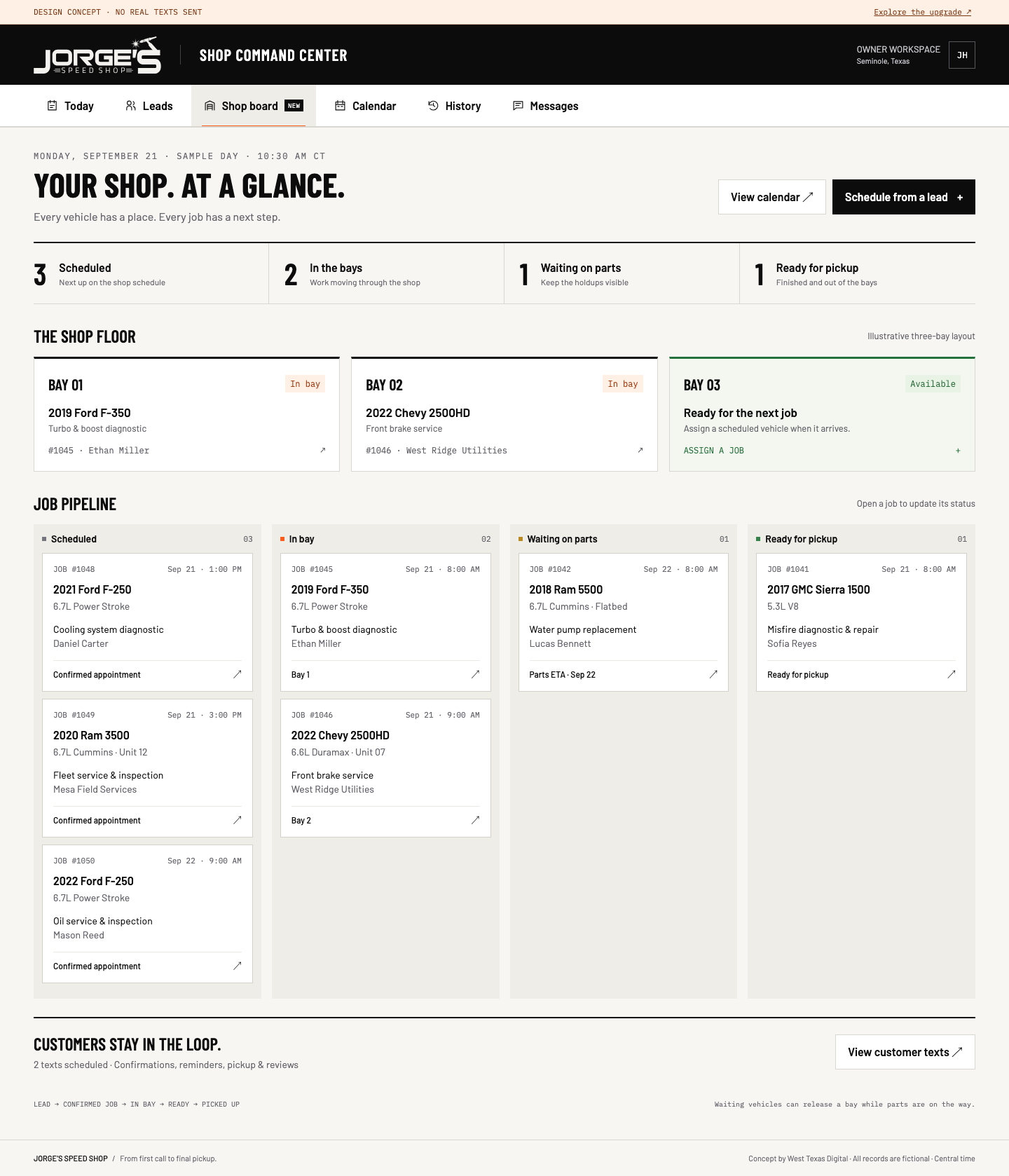 Shop Command Center desktop concept showing available bays and jobs grouped by status