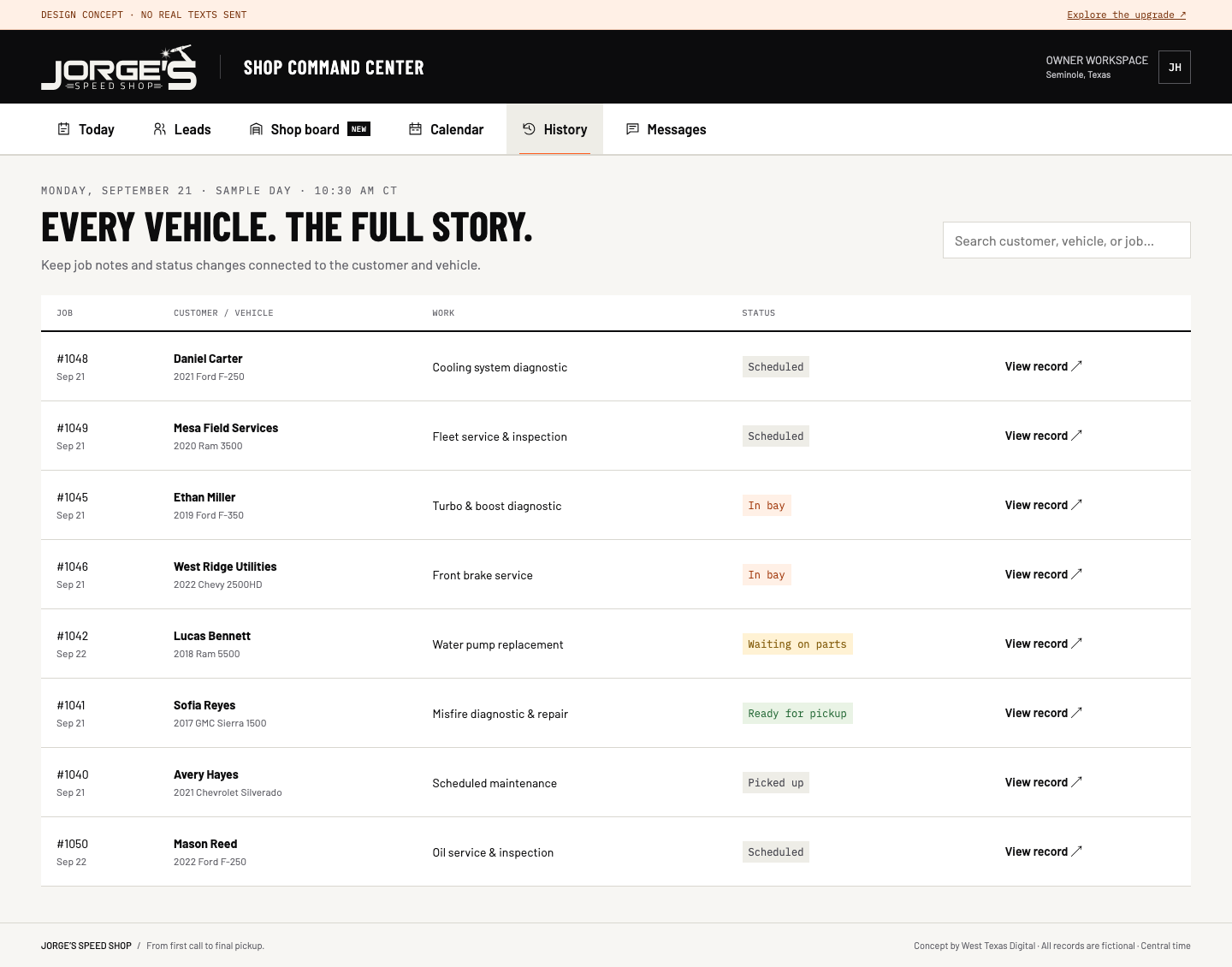 Vehicle & job history desktop concept