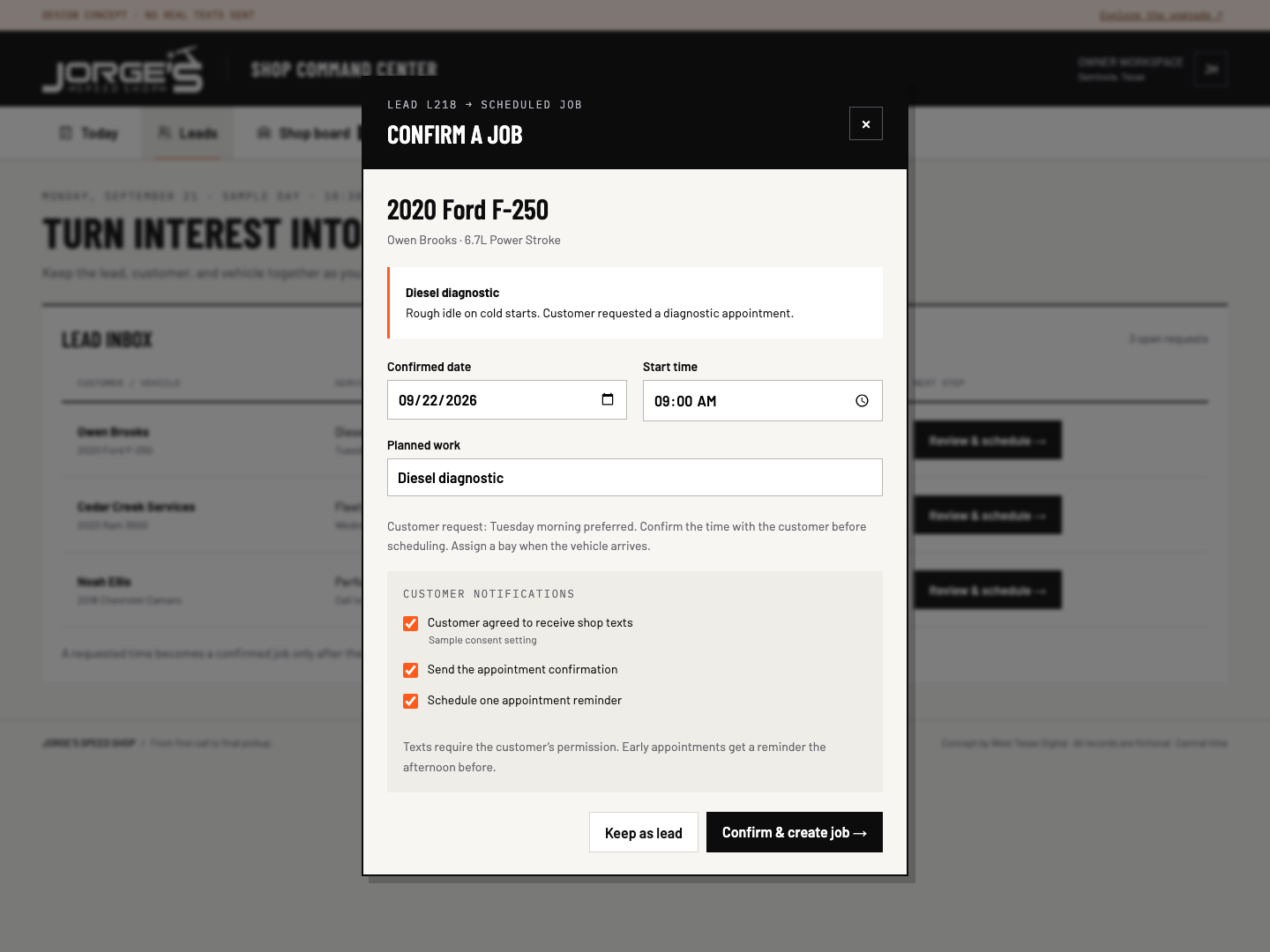 Lead → scheduled job desktop concept