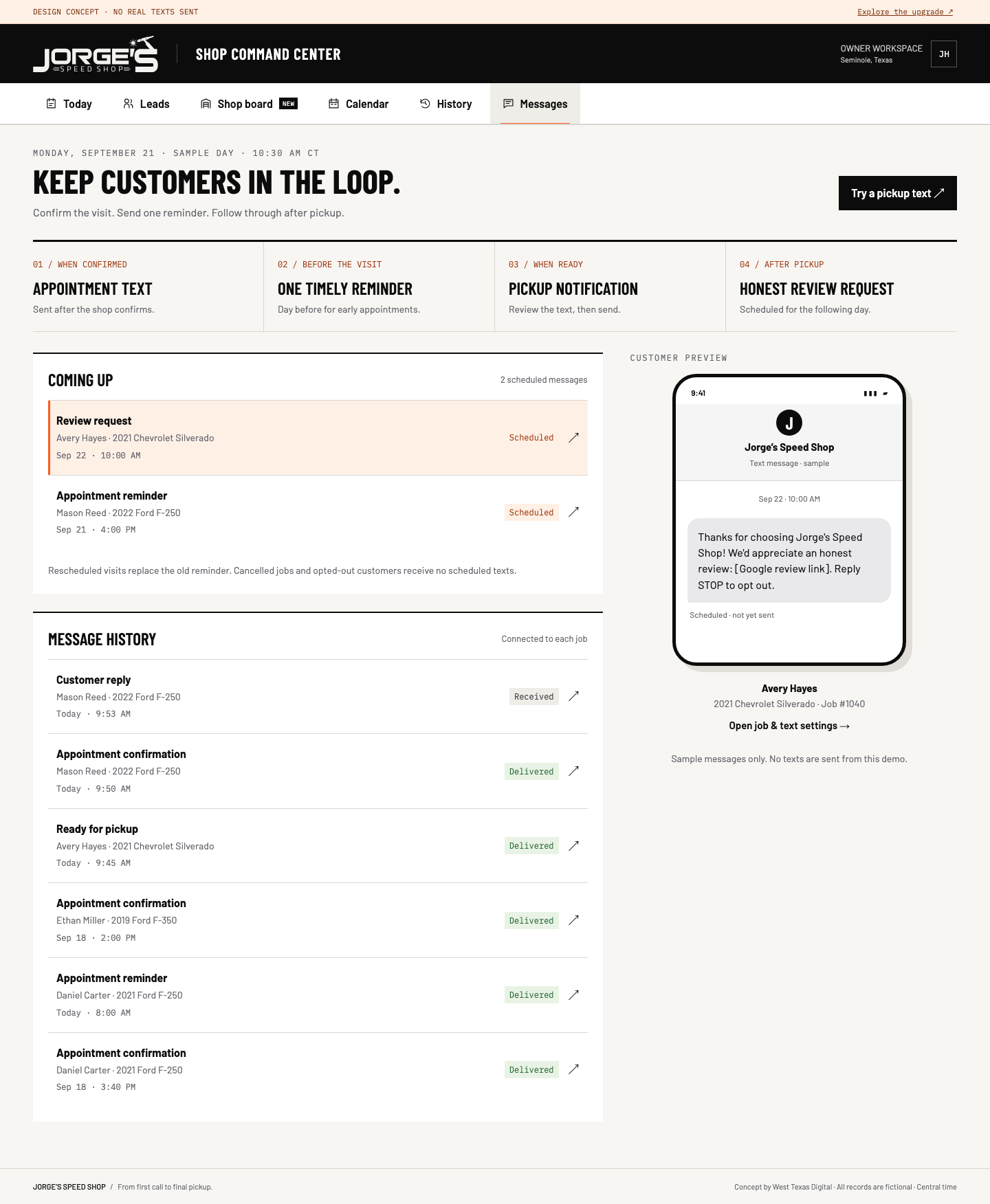 Customer messages — upcoming reminders, delivery history, and customer preview