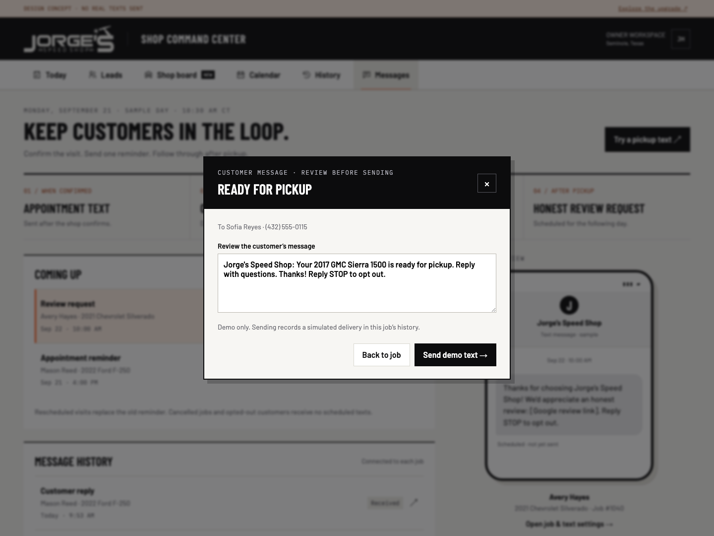Ready-for-pickup message — editable text with review before sending