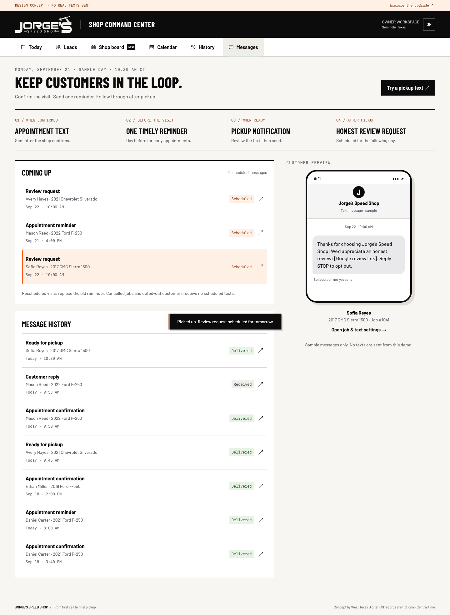 Review follow-up — request scheduled after the vehicle is picked up